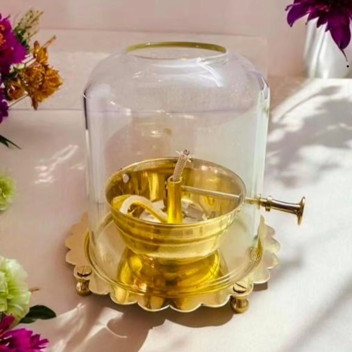 Golden Brass Akhand Diya Oil Lamp with Rotating Wick